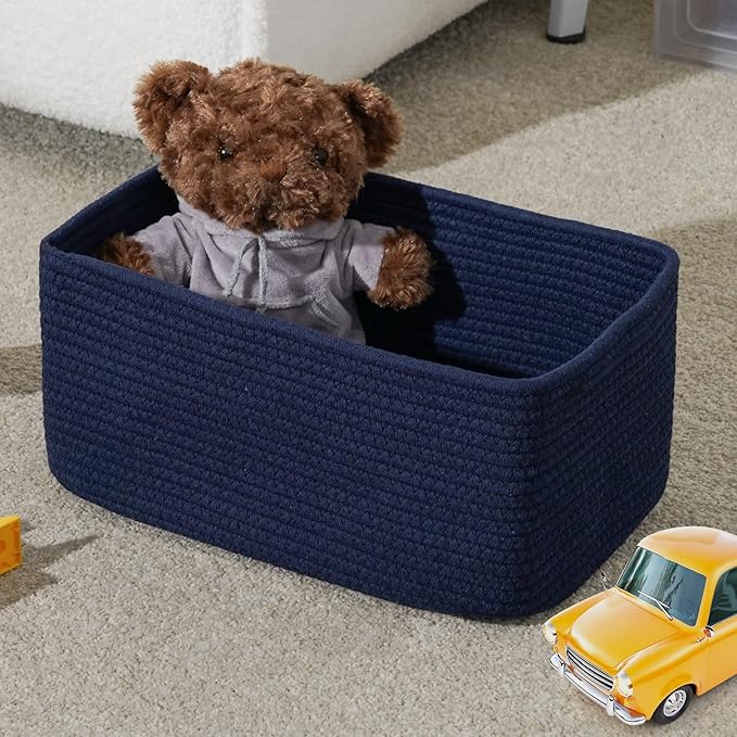 3-Pack Storage Baskets for Organizing | Woven Shelf Toy Basket | Rope Baskets for Gifts Empty | Closet Organizer Bins with Handles | Cube Decorative Box | 13.7×7.1×6.7” | Navy Blue-NeatNest