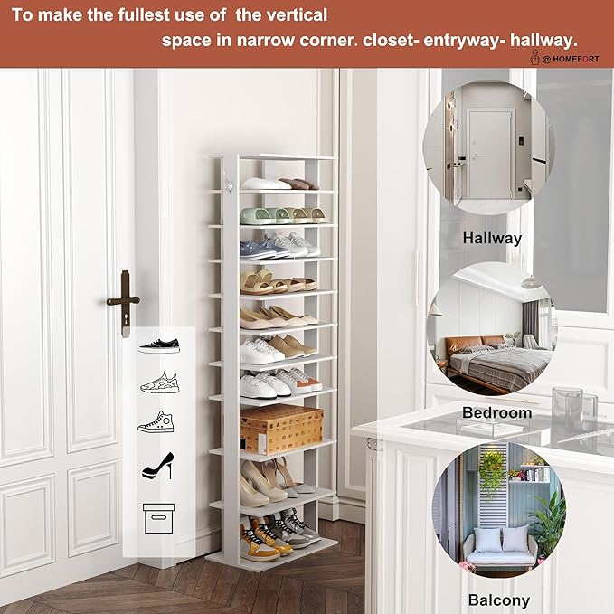 HOMEFORT 10-Tier Corner Shoe Tower - Double Rows, Slim Shoe Stand for 20 Pairs - Entryway, Hallway, Closet (White)-NeatNest
