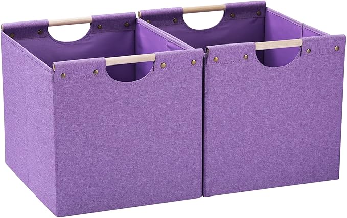 HOONEX Large Foldable Storage Bins, Linen Fabric, Pack of 2, Storage Baskets with Wooden Carry Handles and Sturdy Heavy Cardboard, for Home, Office, Car, Nursery, Purple