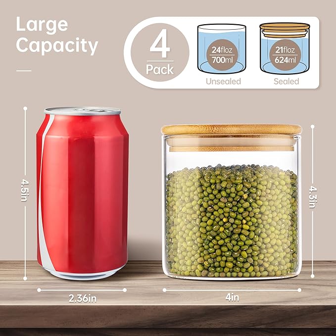 21oz - 4 Pack Glass Jars with Bamboo Lids, Glass Food Storage Containers with Airtight Lids, Air Tight Pantry Storage Containers for Coffee, Sugar, Spice, Meal Prep Jars for Salad & Fruit-NeatNest