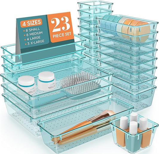 28 PCS Clear Plastic Drawer Organizers Set, 4 Size Desk Drawer Organizer Trays for Makeup, Jewelry, Kitchen Utensils, Gadgets and Office Accessories, Sea Blue-NeatNest