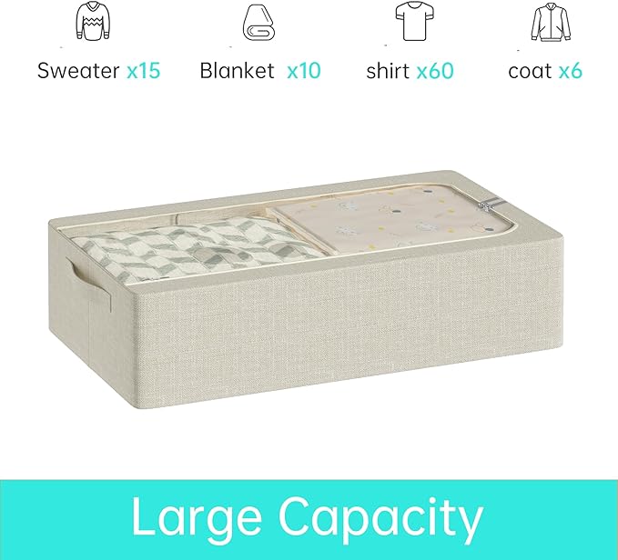 3PCS Under Bed Storage Bins with Metal Frame, Linen Fabric Frame Storage Box Clothes Organizer Bins, Underbed Container with Clear Window (Beige, 23.6 x 13 x 6IN)-NeatNest