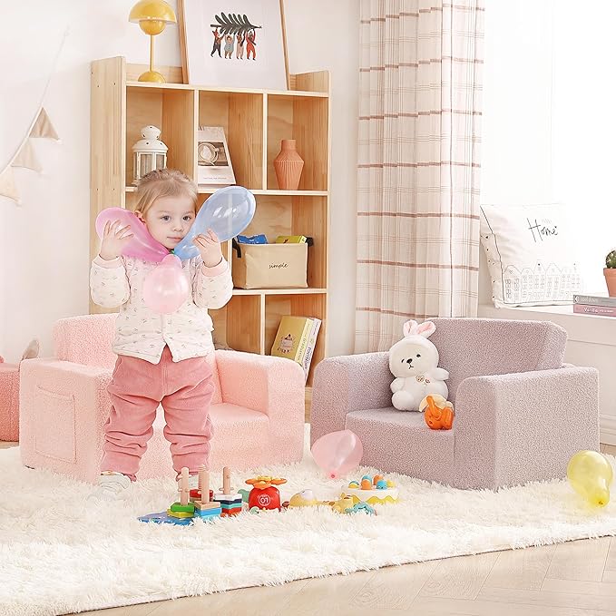 2-in-1 Toddler Chair Sherpa Couch - Soft Kids Lounger for Bedroom, Convertible Sofa for Girls and Boys, Reading Chair, Pink-NeatNest