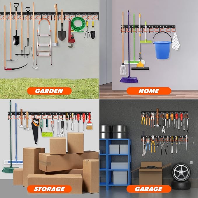 34'' All Metal Garden Tool Organizer Wall Mount Garage Organizers and Storage with Hooks Tool Hangers for Shed
