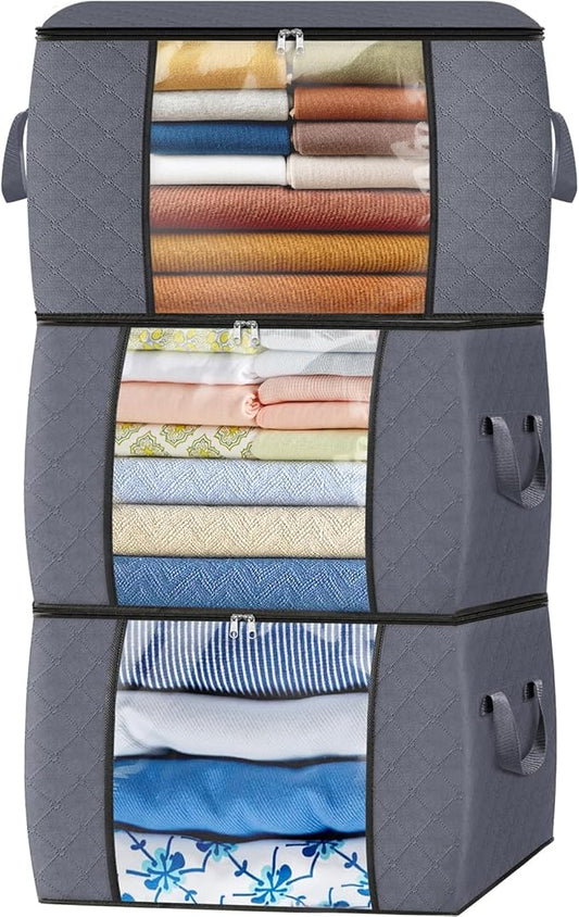 Fab totes 90L Clothes Storage, Foldable Thick Fabric Blanket Storage Bags, Containers for Organizing Bedroom, Closet, Clothing, Comforter, Organization with Handle (3 Pack,Grey)-NeatNest