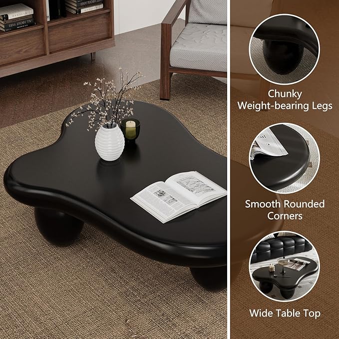 Black Cloud Shaped Coffee Table Modern Cloud Coffee Table for Living Room Irregular Cute Center Table with Thicken Round Edge and 3 Legs Low Coffee Table for Bedroom,Cloud c Black 47.2"-NeatNest