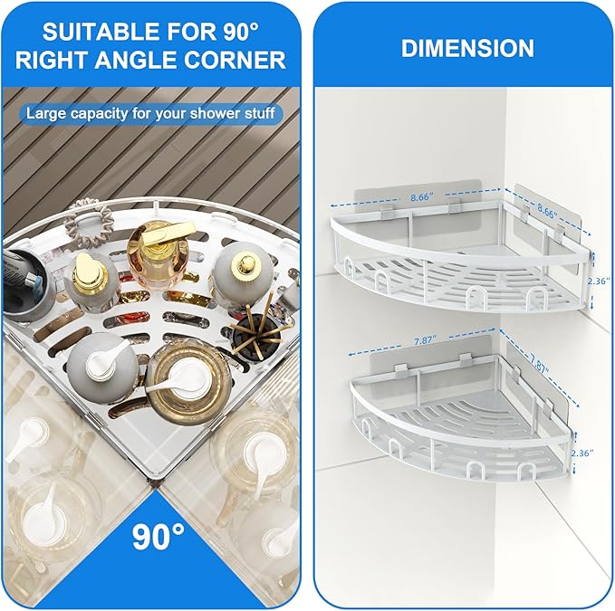 Corner Shower Caddy, 2 Pack Adhesive Bathroom Shower Corner Organizer Shelf, No Drilling Rustproof Wall Mounted Shower Storage Rack Shampoo Holder Organizer (White)