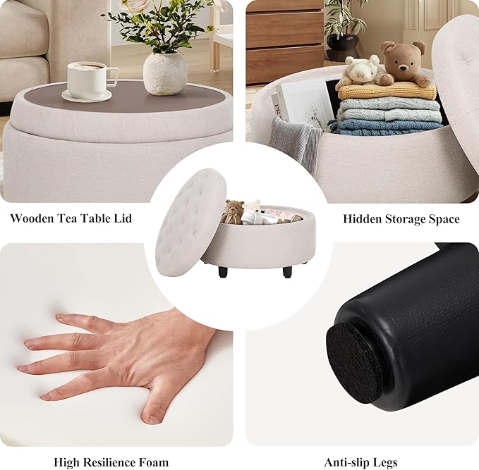 COLAMY Fabric Round Storage Ottoman with Reversible Tray Lid – Multi-Functional Footrest, Hidden Storage, Sturdy & Stylish Small Coffee Table for Living Room, Bedroom, or Entryway(Beige)-NeatNest