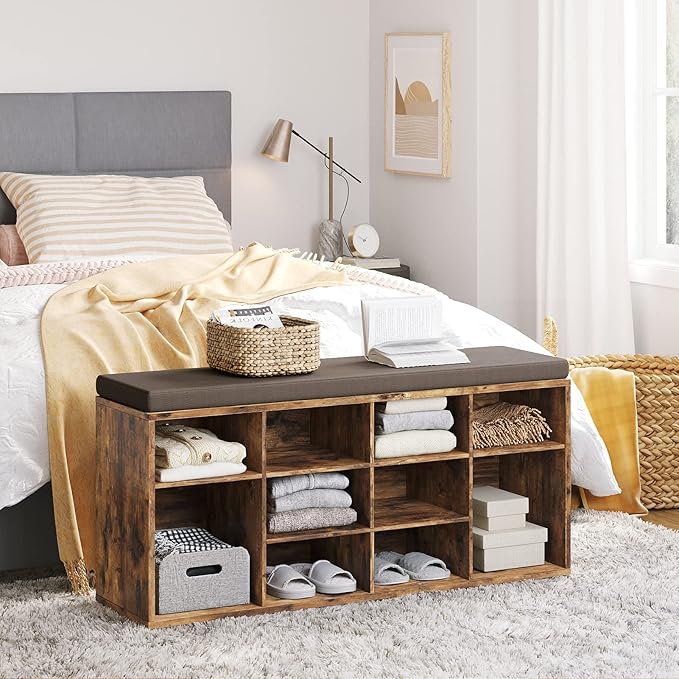 DINZI LVJ Shoe Storage Bench with Cushion, Cubby Shoe Rack with 12 Cubbies, Adjustable Shelves, Multifunctional Shoe Organizer Bench for Entryway, Mudroom, Hallway, Closet and Garage, Rustic Brown-NeatNest