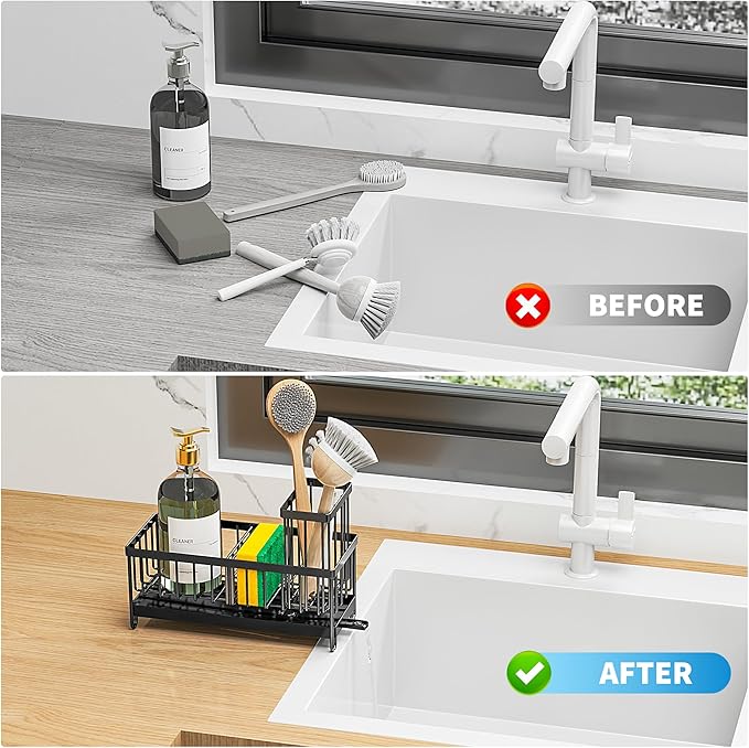 Cisily Black Sponge Holder for Kitchen Sink, Sink Caddy Organizer with High Brush Holder, Kitchen Countertop Organizers and Storage Essentials, Rustproof 304 Stainless Steel, Soap Dispenser Organize-NeatNest