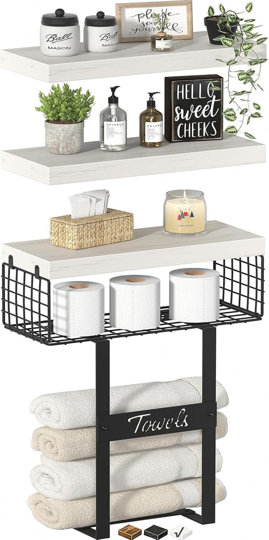 Bathroom Shelves Over Toilet - Floating Shelf for Wall Above Toilet Towels Holder Small Farmhouse Decor Shelves (15.7 inch, Set of 3, Distressed White and Black)-NeatNest