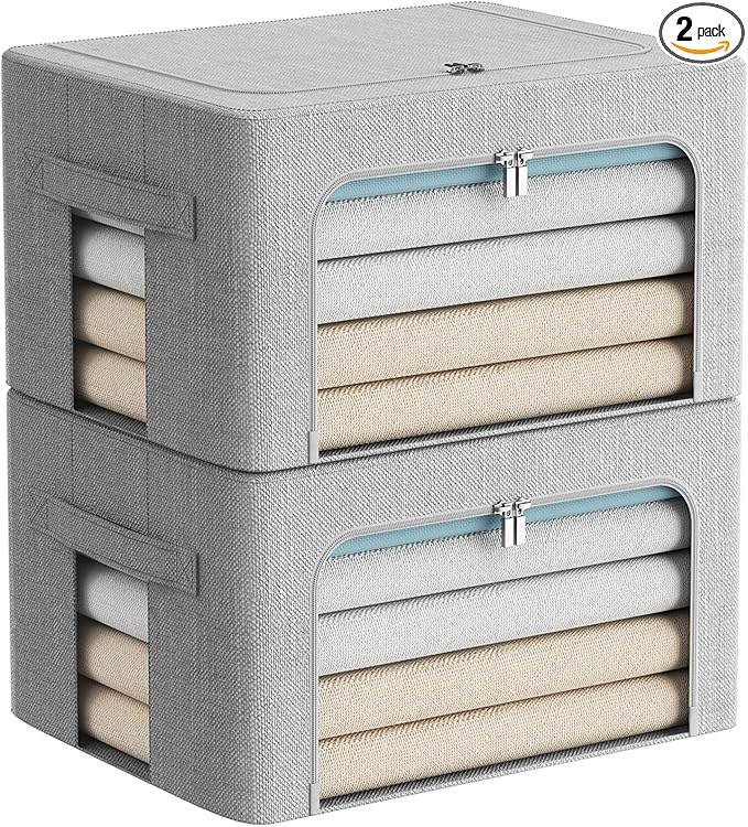 2 Pack Clothes Storage Bins Stackable Metal Frame Storage Box Foldable Linen Fabric Organizer with Carrying Handles and Clear Window (Light Gray, 15.7x 11.8x 7.8Inch)-NeatNest