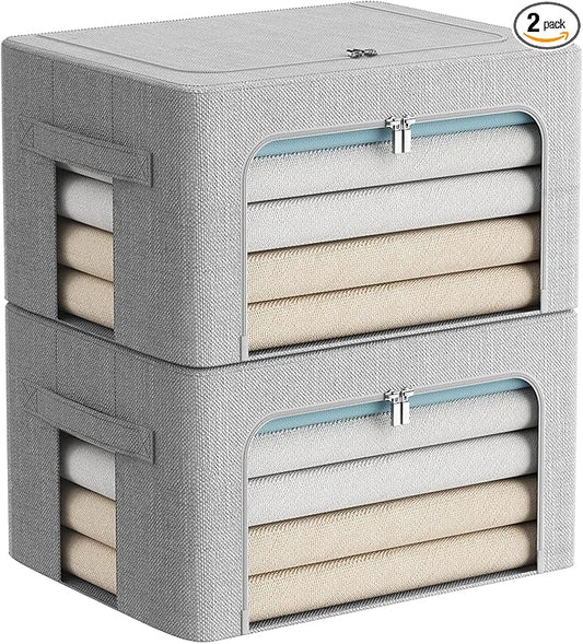 2 Pack Clothes Storage Bins Stackable Metal Frame Storage Box Foldable Linen Fabric Organizer with Carrying Handles and Clear Window (Light Gray, 15.7x 11.8x 7.8Inch)-NeatNest