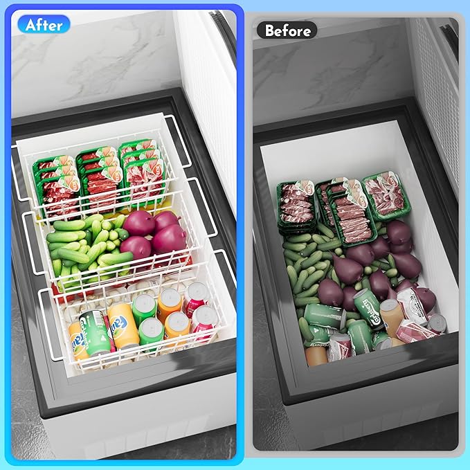 17.5 Inch Metal Wire Freezer Bins - 2Pack Deep Freezer Organizer with Hanging Handles, Freezer Baskets