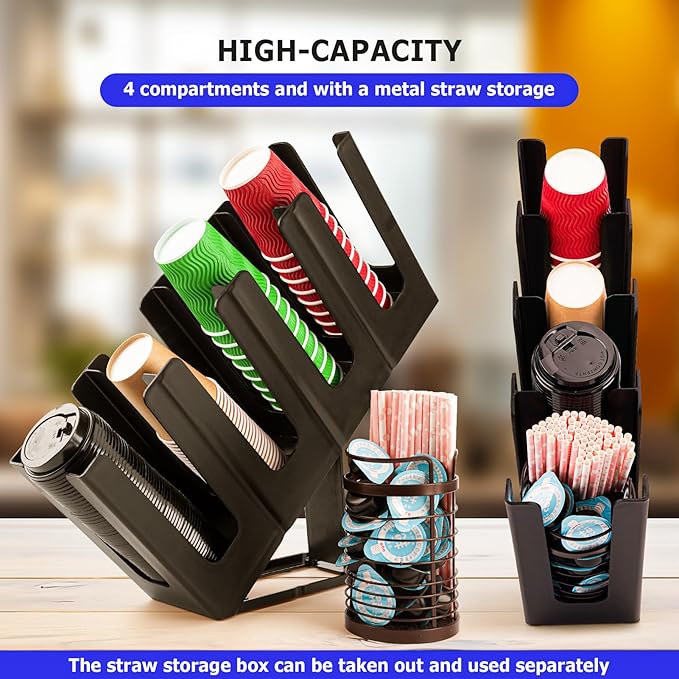 Coffee Cup and Lid Holder Organizer,Adjustable Dispenser with Coffee Pod and Straw Storage Basket, Disposable Cup Holder for Countertop-NeatNest