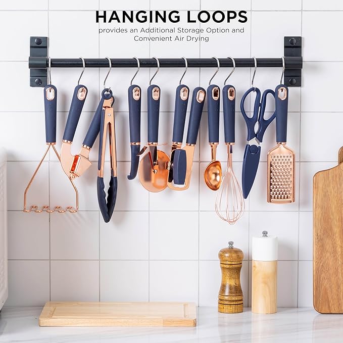 COOK WITH COLOR Kitchen Gadget Set Copper Plated Stainless Steel Utensils with Soft Touch Handles, Copper Navy, 10 Pieces-NeatNest