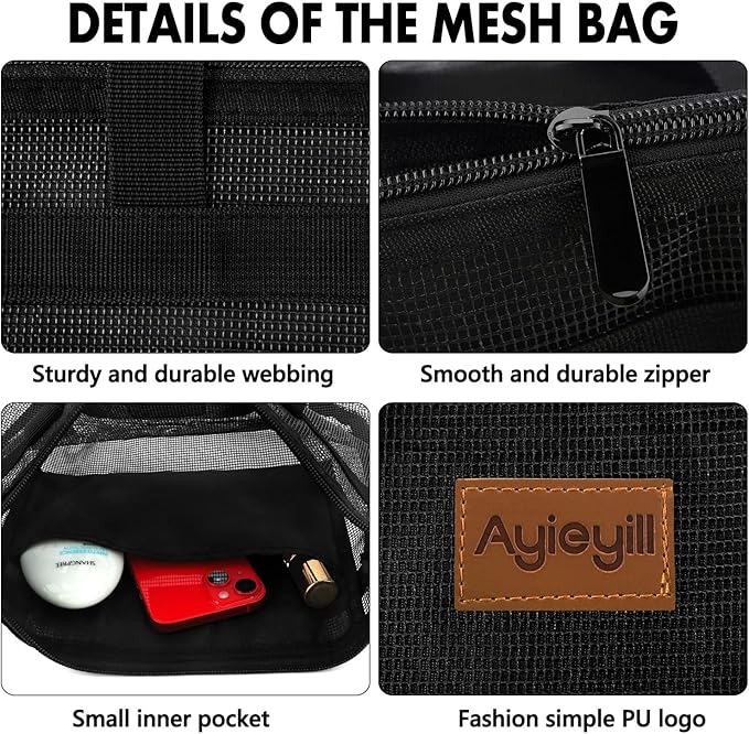 Ayieyill Shower Caddy Portable, Mesh Shower Caddy Tote Bag Quick Dry Hanging Toiletry and Bath Organizer for College Dorm, Gym, Beach, Travel or Camping with Zipper (Black)-NeatNest