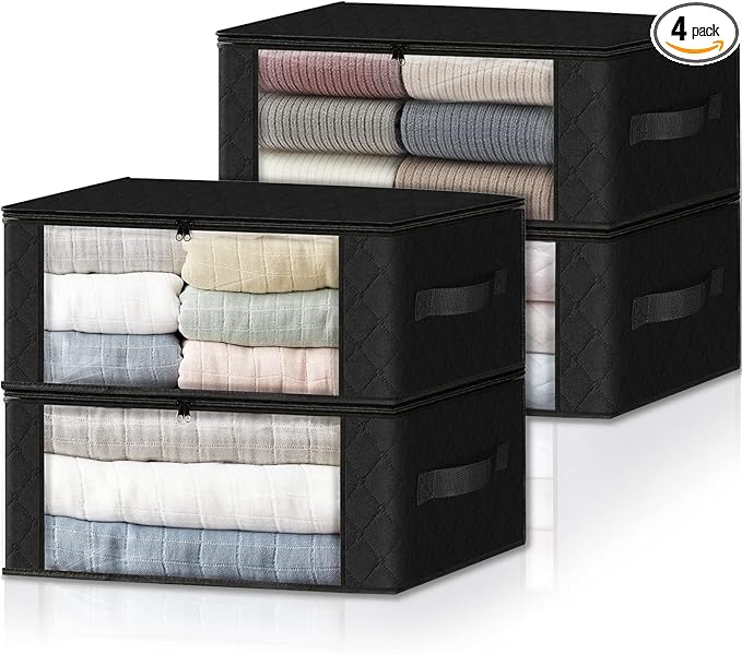 HomeHacks Storage 4-Pack Clothes Organizer Storage Bags Foldable Storage Box with Large Clear Window Sturdy Handles for Closet, Dorm, Pillows, Bedding, Clothes, Stuffed Toys, Blankets, 35L, Black-NeatNest