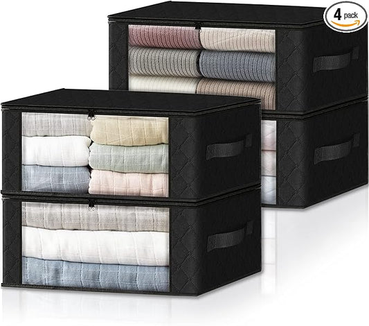 HomeHacks Storage 4-Pack Clothes Organizer Storage Bags Foldable Storage Box with Large Clear Window Sturdy Handles for Closet, Dorm, Pillows, Bedding, Clothes, Stuffed Toys, Blankets, 35L, Black-NeatNest