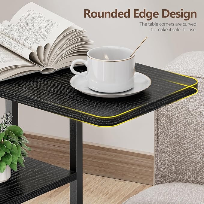 C Shaped End Table, Small Side Table for Couch, Recliner, Slide Under Sofa Tray Desk Snack Tables with Storage Bag for Living Room,Bedroom, Small Spaces - Black
