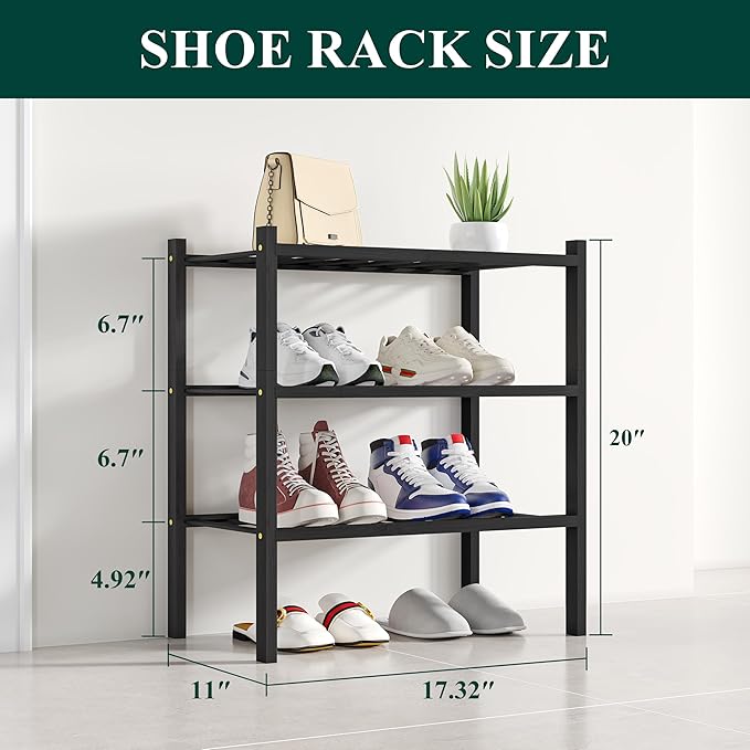Smiry Shoe Rack, 3 Tier Small Bamboo Shoe Organizer, Stackable Free Standing Wooden Shoe Storage Shelf for Closet, Entryway, Front Door Entrance, Black-NeatNest