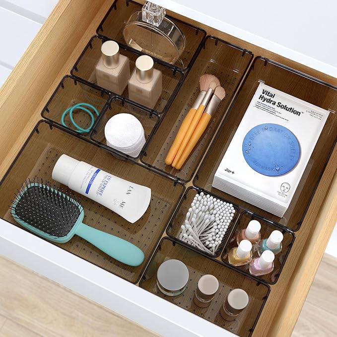7 PCS Clear Plastic Drawer Organizers Set, 4 Size Desk Drawer Organizer Trays for Makeup, Jewelry, Kitchen Utensils, Gadgets and Office Accessories, Black-NeatNest