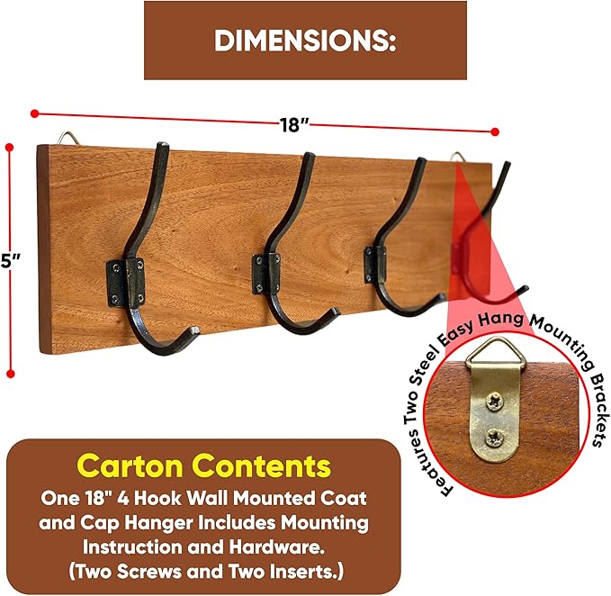 Coat Rack, Handmade, 4 Hanger Hook, Mahogany Hardwood, Durable Rustic Wall Mount, Versatile Hanger for Entryway, Bedroom, Bathroom, Farmhouse Boho Decor, 18" Natural Finish-NeatNest