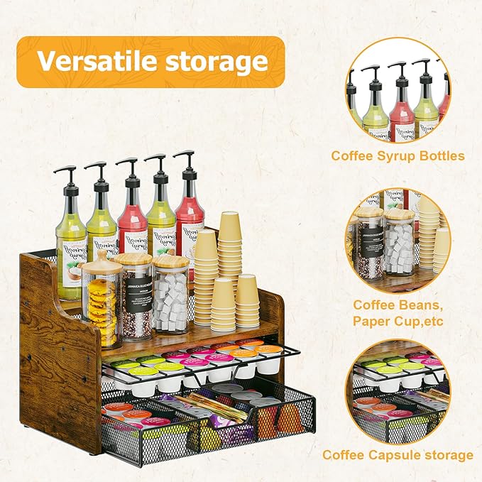 Coffee Pod Holder with Drawer & Dividers, 4-Tier Wood K Cup Organizer for Countertop, Coffee Bar Organizer Storage Box, Coffee Station Organizer for Kitchen Coffee Station-NeatNest