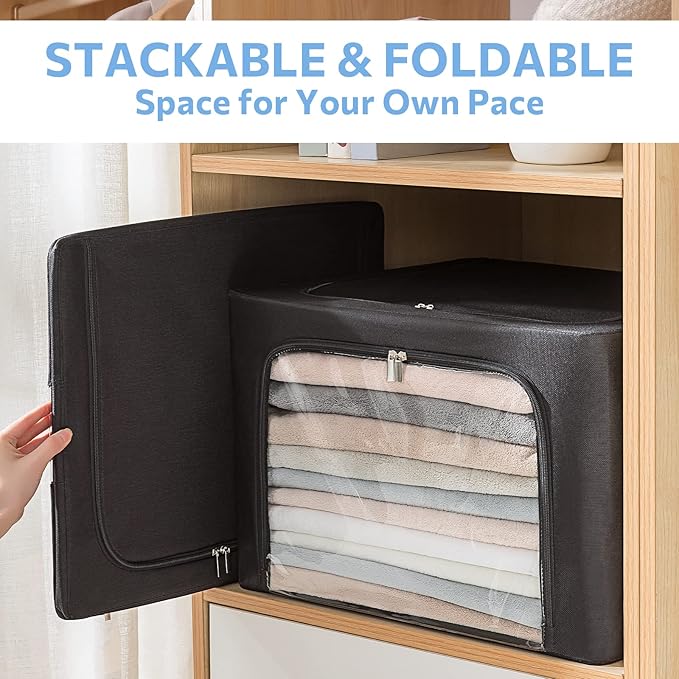 3Pack Frame Storage Box - Clothes Storage Bin Bags Oxford Fabric Foldable Stackable Container Organizer Set with Clear Window & Carry Handles (Black, Large-66L)-NeatNest