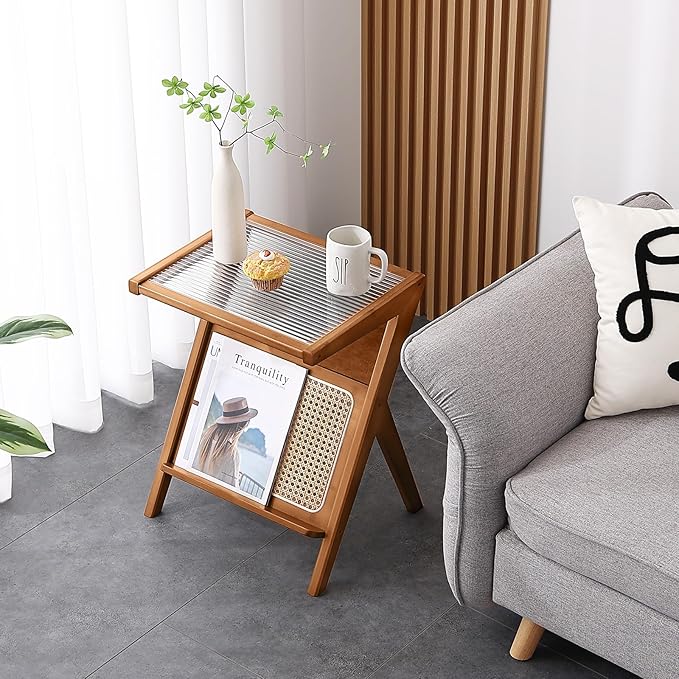 Tiita 2 Pack Rattan Side Table, Mid Century Nightstand, Bamboo Accent Bedside Tables, Glass Coffee Tables, Boho Wooden End Table with Storage for Small Space, Living Room and Bedroom
