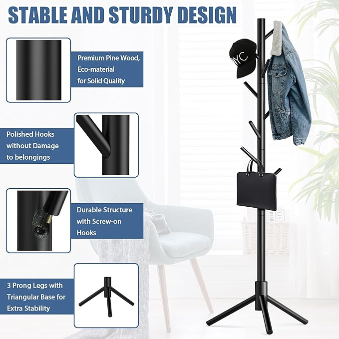 Haddockway Wooden Coat Rack Stand with 8 Hooks New Zealand Pine 3 Adjustable Coat Standing Tree Easy Assembly for Coats, Hats, Scarves and Handbags for Entryway, Hallway, Bedroom, Office-NeatNest