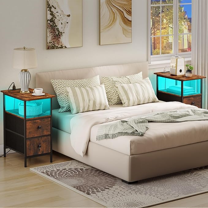 HOOBRO Narrow Side Table with LED Light and USB C Port, Night Stand with Charging Station, Skinny End Table with 2 Fabric Drawers, for Bedroom, Living Room, Rustic Brown and Black BF486UDBZ01