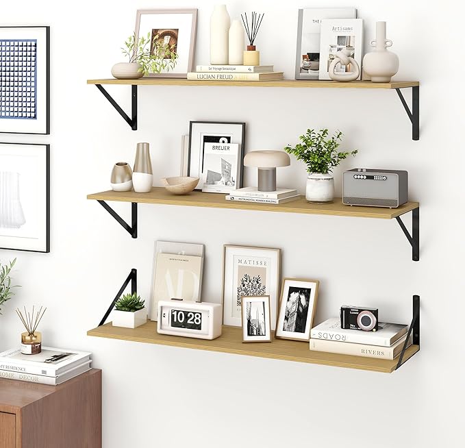 Fun Memories Deep Floating Shelves for Wall, 36W x 8D Wall Mounted Shelves Set of 2, Wide Display Ledge Shelf with Sturdy Metal Brackets for Living Room, Bathroom, Bedroom and Kitchen, Oak-NeatNest