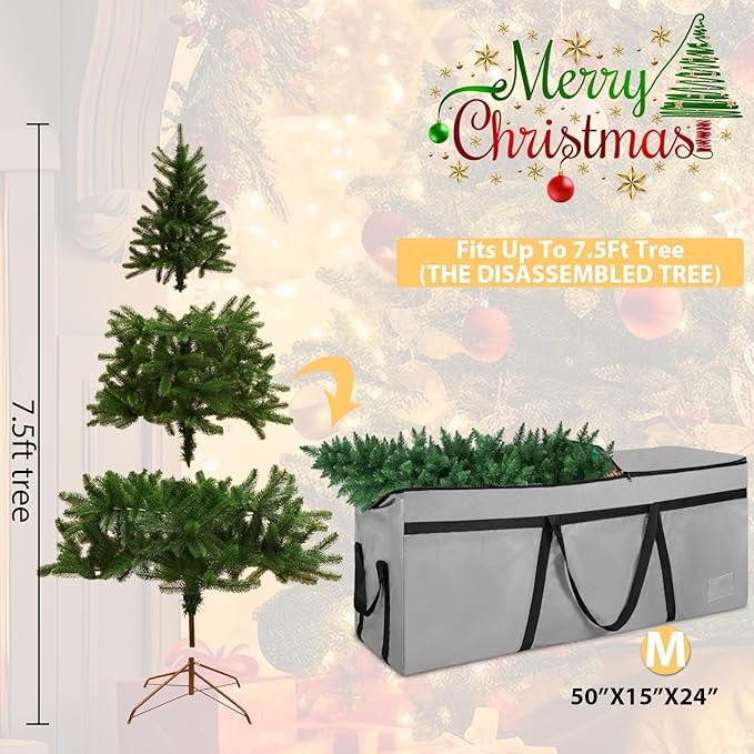 7.5 ft Christmas Tree Storage Bag, Heavy Duty Christmas Tree Bag with Reinforced Handles and Dual Zippers Wide Opening, Large Capacity fits for Artificial Christmas Tree (Grey, 7.5 ft)-NeatNest