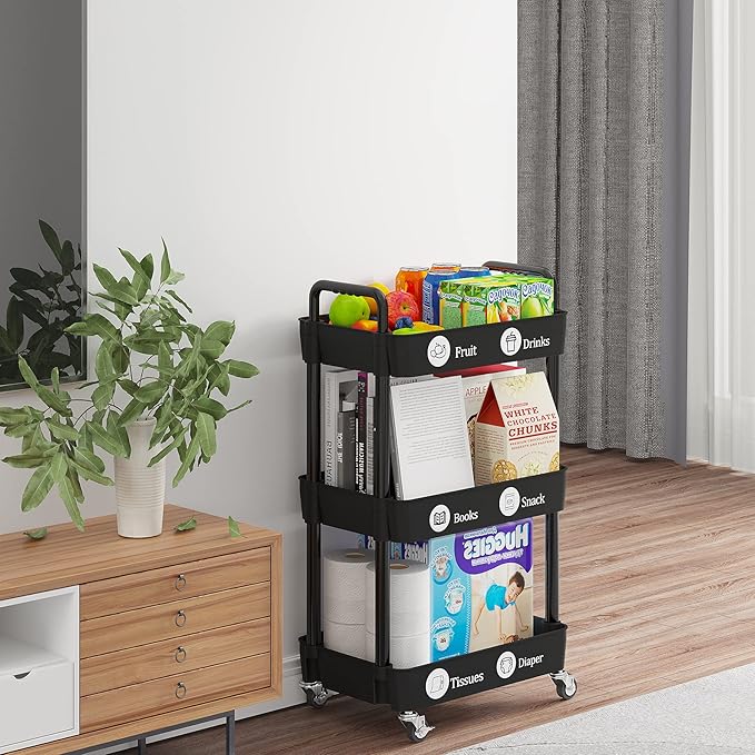 Laiensia 3-Tier Kitchen Storage Cart,Multifunction Utility Rolling Storage Organizer,Mobile Shelving Unit Cart with Lockable Wheels for Bathroom,Laundry,Living Room,With Classified Stickers,Black-NeatNest