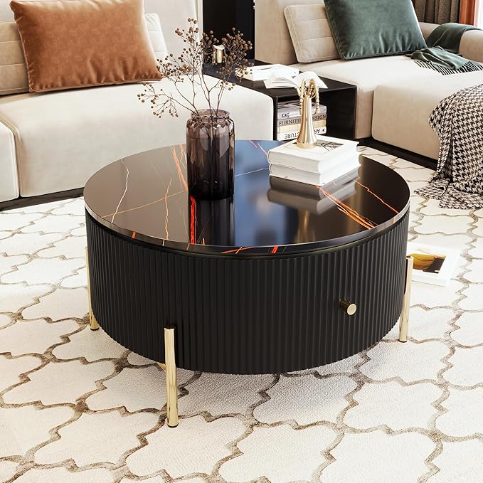 31.5'' Modern Round Coffee Table with 2 Large Drawers Storage Accent for Living Room Apartment, Black