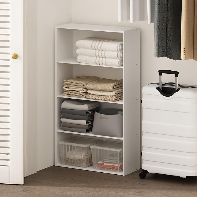 Furinno Reed 4-Tier Multipurpose Open Shelf Clothing & Closet Storage Organization, White-NeatNest