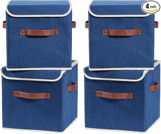 4PCS Storage Cubes with Lid Fabric Bins Boxes PU Leather Handles Cotton Linen Closet Organizer Container Decorative Foldable Washable Shelf Cloth Basket (Flip-top Lid, Deep Blue, 11in)-NeatNest