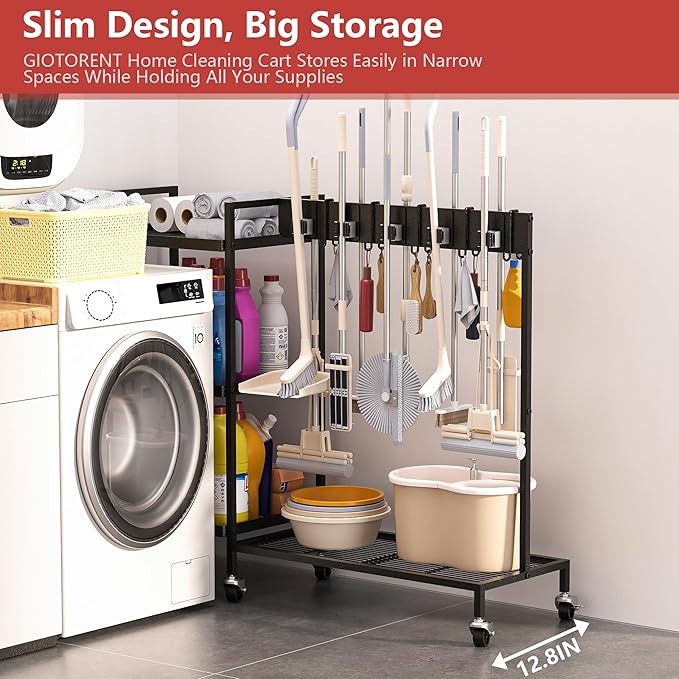 GIOTORENT Heavy Duty Metal Cleaning Cart with Wheels - 300lb Capacity Rolling Broom Holder & Supplies Organizer, 10 Adjustable Clips, 5 Double-Hooks, 3-Tier Shelves, Brakes for Home, Commercial, Black