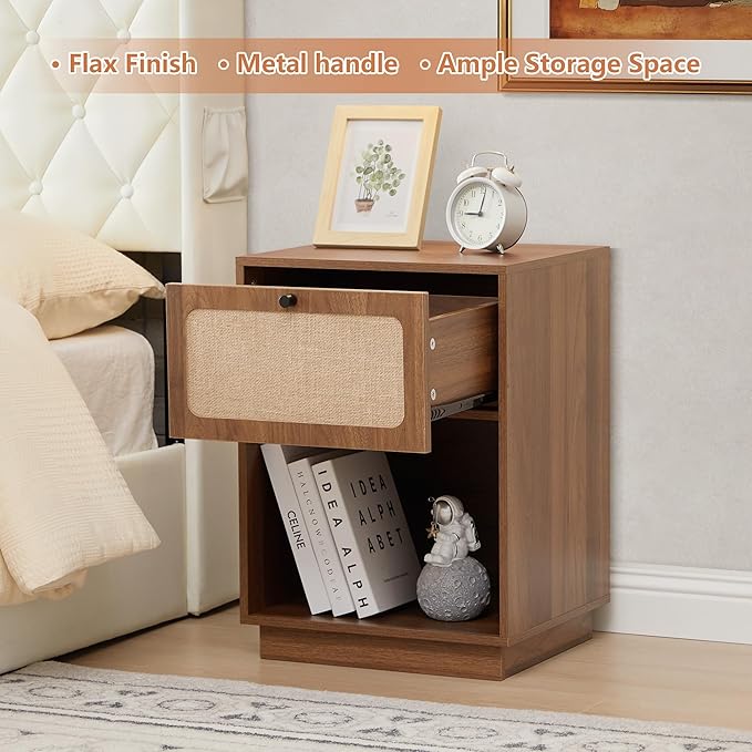 Mid Century Night Stand Set of 2, Modern Nightstand with Drawer & Curved Linen Panel, Farmhouse End Table Wood Bedside Table Small Side Tables for Small Space, Bedroom (Walnut)