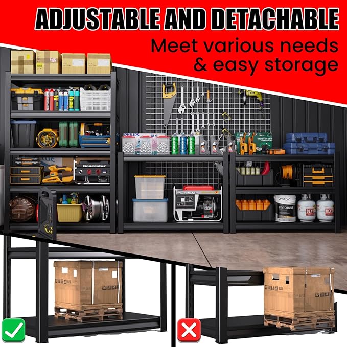 5-Tier Metal Garage Shelving, Heavy Duty Shelving 3000LBS Adjustable Garage Shelves,Utility Rack Large Industrial Shelves for Basement, Warehouse, Easy Assembly, Black 72''H x 47.2''W x 19.7''D