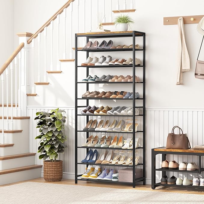 HOMEFORT 10 Tiers Shoe Rack Organizer,30" Shoe Storage Shelf for Closet, Shoe Rack for Entryway,Holds 36-40 Pairs of Shoe, Tall Shoe Stand with Metal Shelves and MDF Top Board,Rustic Brown-NeatNest
