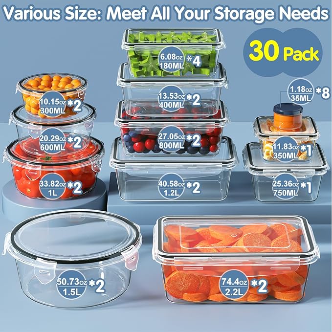 60-Piece Large Food Storage Containers Set - Leakproof, BPA-Free Plastic with Lids Airtight for Kitchen Storage and Organization Reusable with Labels Pen- Microwave Dishwasher Freezer Safe-NeatNest