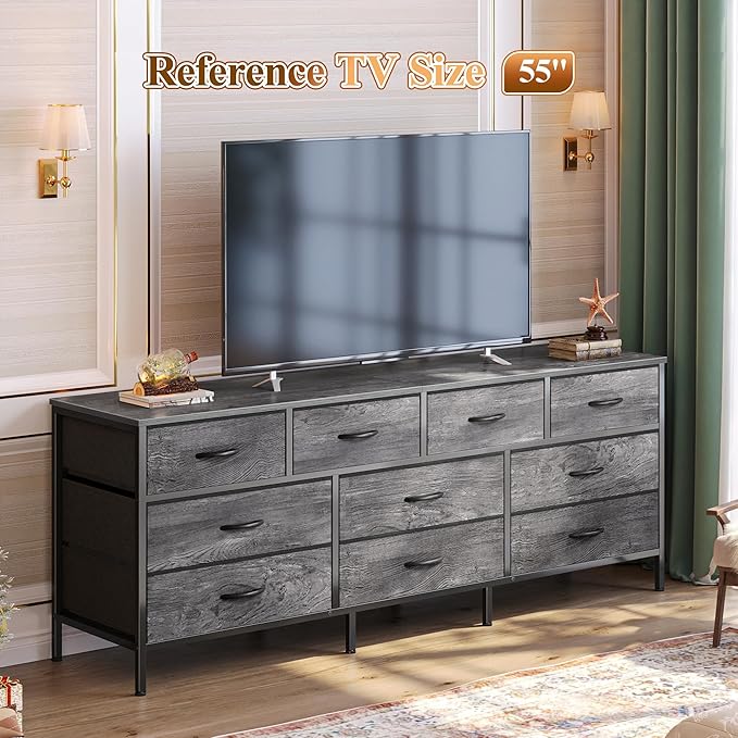 Huuger 63 Inch Dresser for Bedroom, Long Dresser with 10 Fabric Drawers, TV Stand for 55, 65, 70 Inch TV, Toy Storage Organizer for Closet, Grey-NeatNest