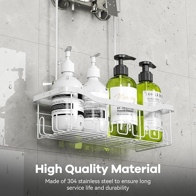 BYT Shower Caddy Hanging, Organizer Hanging for Bathroom, Shower Basket with Hooks, Shower Storage, Shelf, Rack No Drilling for Faucet or Cross Bar (White)