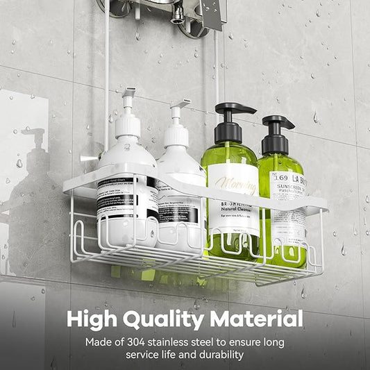 BYT Shower Caddy Hanging, Organizer Hanging for Bathroom, Shower Basket with Hooks, Shower Storage, Shelf, Rack No Drilling for Faucet or Cross Bar (White)-NeatNest