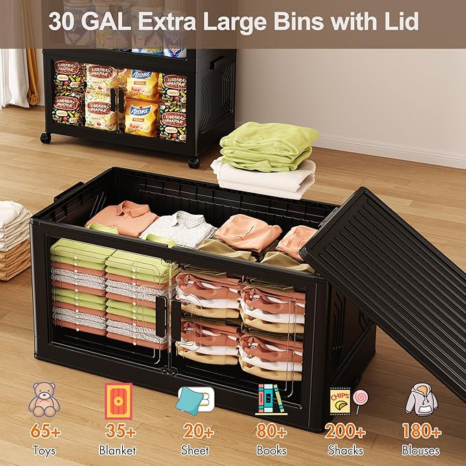 120GAL Stackable Storage Bins with Wheels and Lids, Collapsible Closet Organizers and Storage, Home Organization and Storage Cabinet, Plastic Clothes Storage Box Shelf, Black