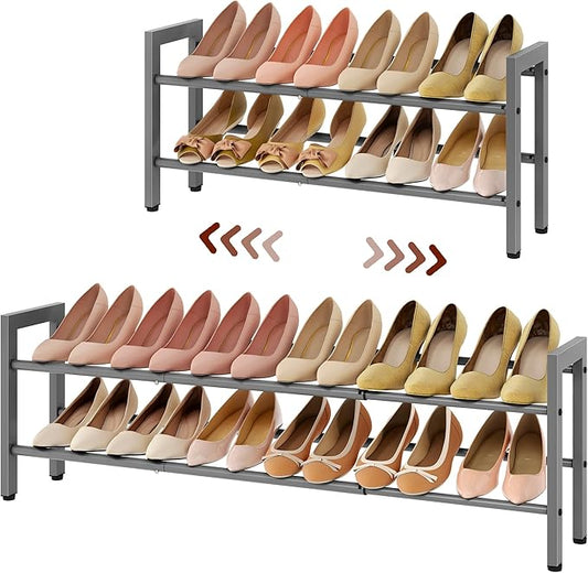 FAVOOSTY 2-Tier Expandable Shoe Rack, Adjustable Shoe Shelf Storage Organizer Space Saving Metal Free Standing Shoe Rack for Entryway Closet Doorway, Silver Grey-NeatNest