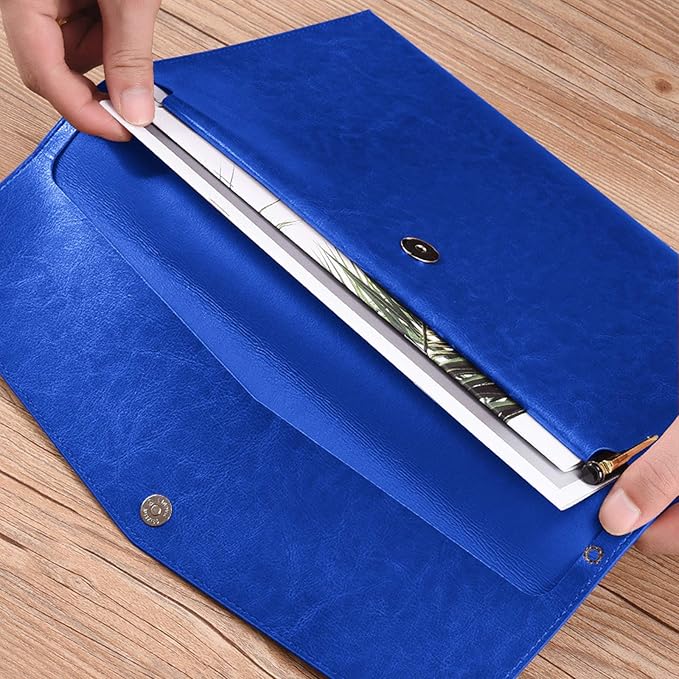 Enyuwlcm PU Leather A4 File Folder Document Holder Envelope Folder Case with Snap Closure for Receipt Contract Blue
