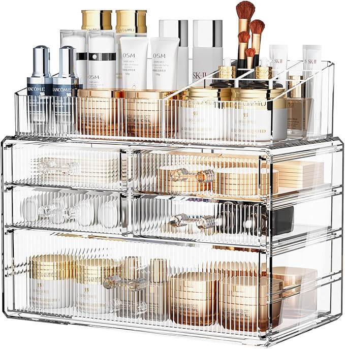 ZHIAI Stackable Organizer, Acrylic Cosmetic Organizer for Dresser, Vanity, Kitchen Cabinet, Bathroom, Under Sink, Home Organization and Storage (1 Top 5 Drawers)-NeatNest